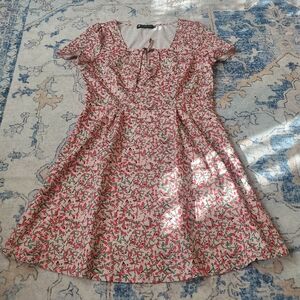 Allegra K Pink Floral Mini Dress with Green Leaf Print